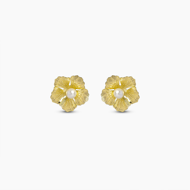 Golden Bloom Pearl Stud Earrings