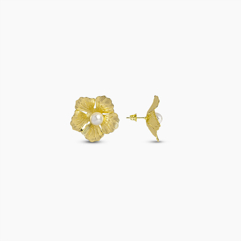 Golden Bloom Pearl Stud Earrings