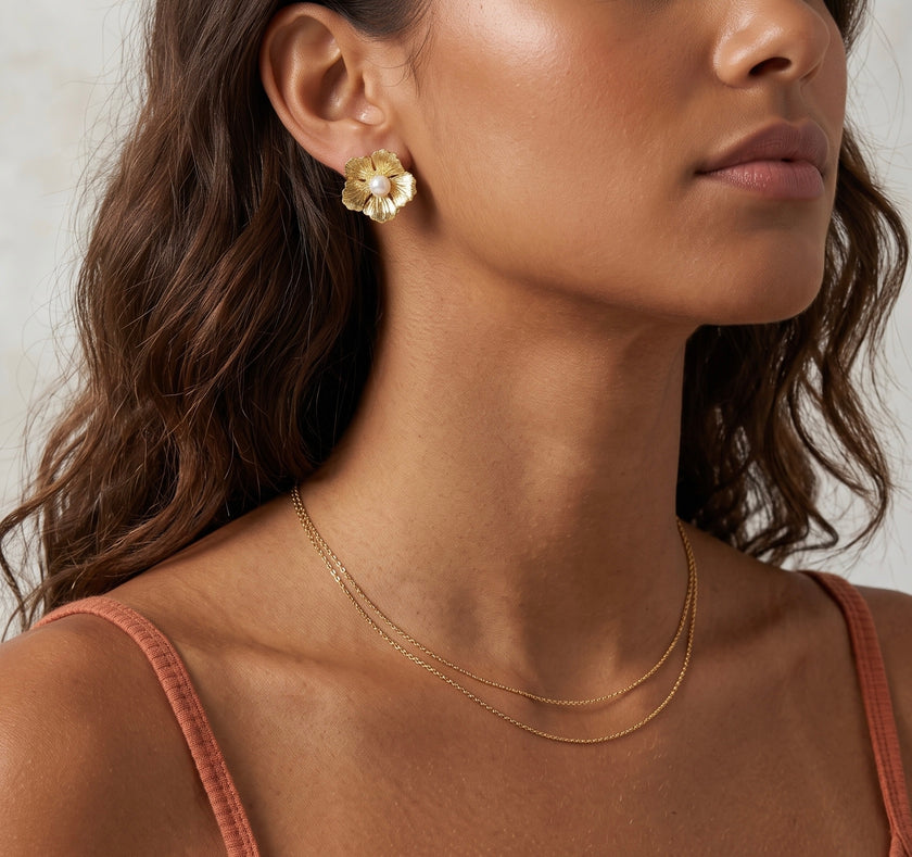 Golden Bloom Pearl Stud Earrings
