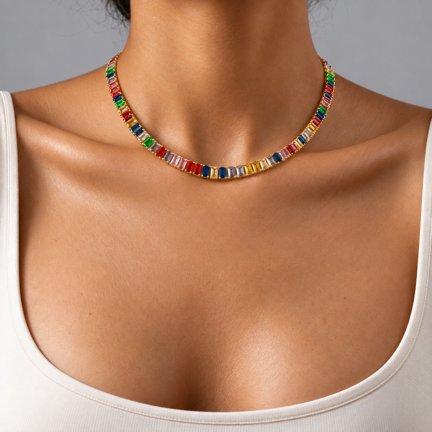 Rainbow Baguette Statement Necklace