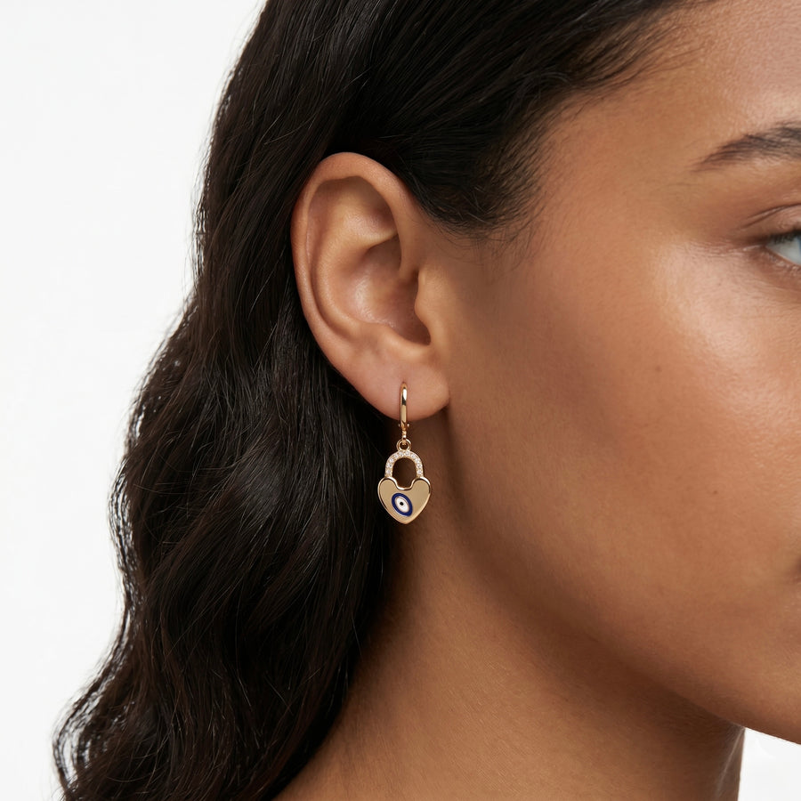 Evil Eye Heart Lock Earrings
